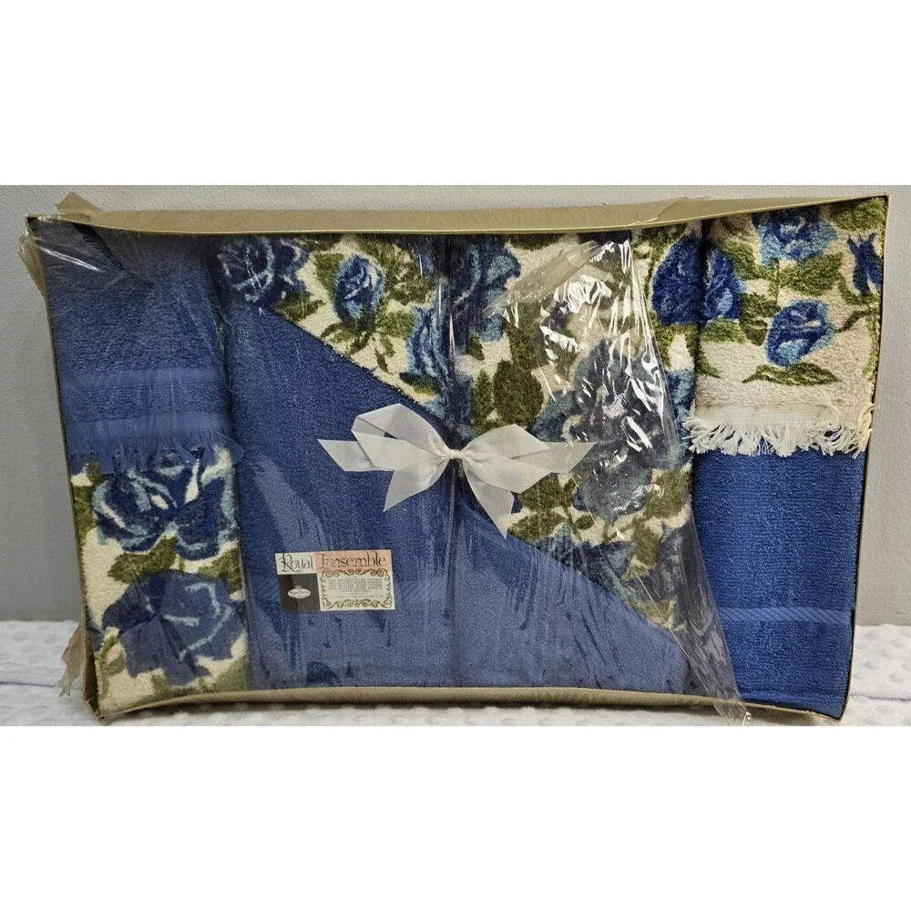 Vintage MCM Towel Set New Blue Green Floral 1960s Royal Ensemble Set Weathered